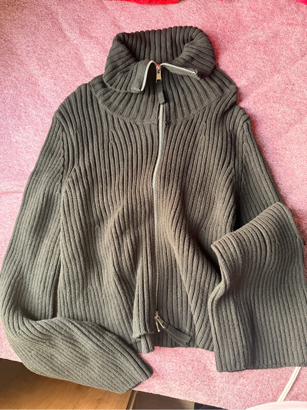 sofia by sofia vergara Ribbed Zip-Front Turtleneck Sweater - Dark Gray